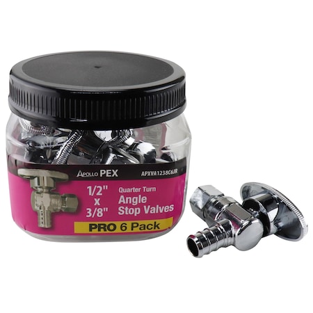 Apollo 1/2 in. Chromed Brass PEX Barb x 3/8 in. Compression Quarter-Turn Angle Stop Valve Jar (6-Pack), 6PK APXVA1238C6JR